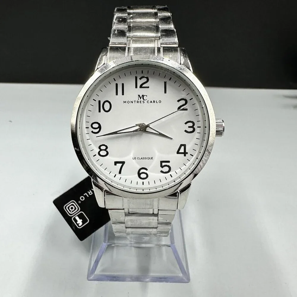 Montres Carlo Watch Men Silver Tone White Dial Round 38MM New Battery 8.25